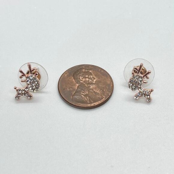Rose Gold Plated Rhinestone Reindeer Earring Pair - Picture 6 of 8